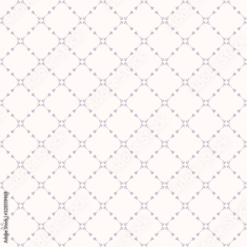 Vector geometric floral seamless pattern with delicate grid, net, mesh, lattice, small flower shapes. Subtle abstract lilac and white background. Elegant ornament texture. Fine minimal repeat design