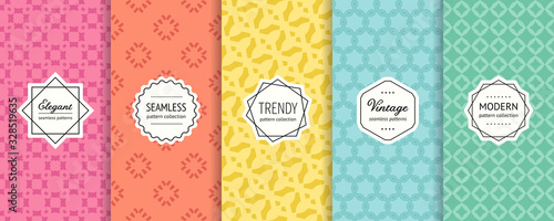 Vector geometric seamless patterns. Collection of colorful background swatches with elegant minimal labels. Subtle abstract textures. Cute modern design. Pink, orange, yellow, blue, turquoise color