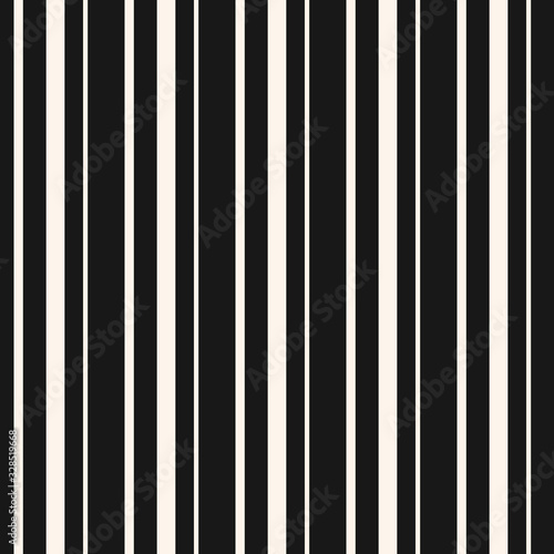 Vertical stripes seamless pattern. Simple vector monochrome lines texture. Modern abstract black and white geometric striped background. Thin and thick straight bands. Repeat design for print, decor