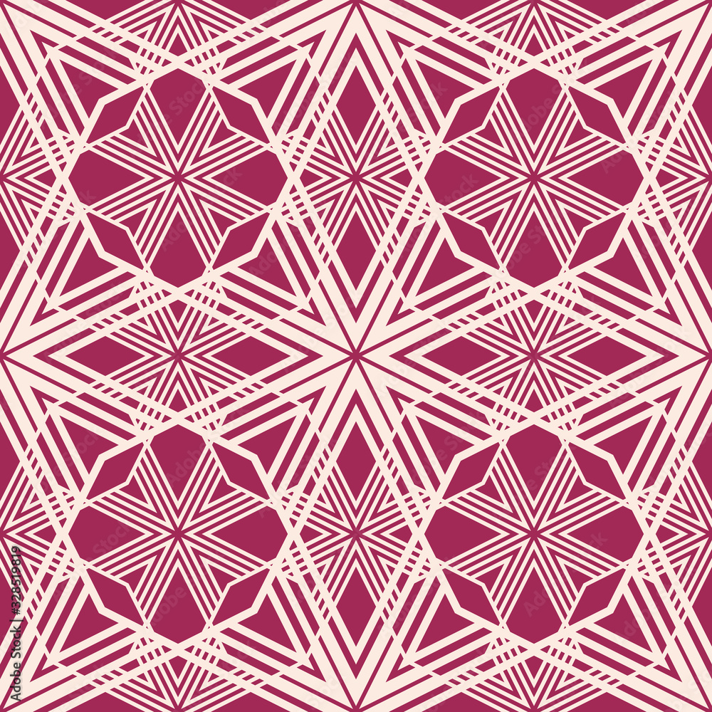 Vector geometric seamless pattern. Simple linear background with stripes, diagonal lines, grid, net, mesh, lattice. Abstract texture in burgundy color. Repeat design for decor, print, wallpaper, cloth Vector geometric seamless pattern. Simple linear background with stripes, diagonal lines, grid, net, mesh, lattice. Abstract texture in burgundy color. Repeat design for decor, print, wallpaper, cloth