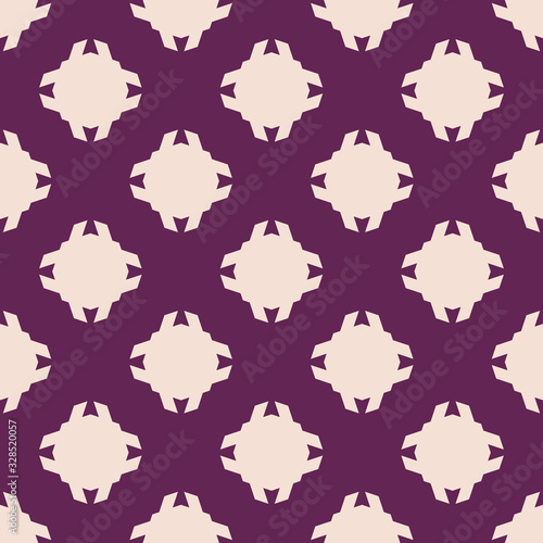Vector geometric floral seamless pattern. Simple ornamental texture. Abstract purple and white graphic background. Elegant ornament with small flower silhouettes, crosses. Repeat design for decor