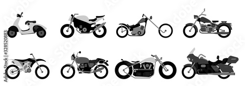 Set of motorcycle or motorbike, bike or extreme cycle. Retro street scooter and modern cruiser or moped. Collection transports for road racing. photo