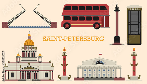 St. Petersburg in Russia. European urban style. City bus, St. Isaac's Cathedral, telephone booth, royal palace bridge. Set of elements for banner or stickers. Collection of vintage symbols