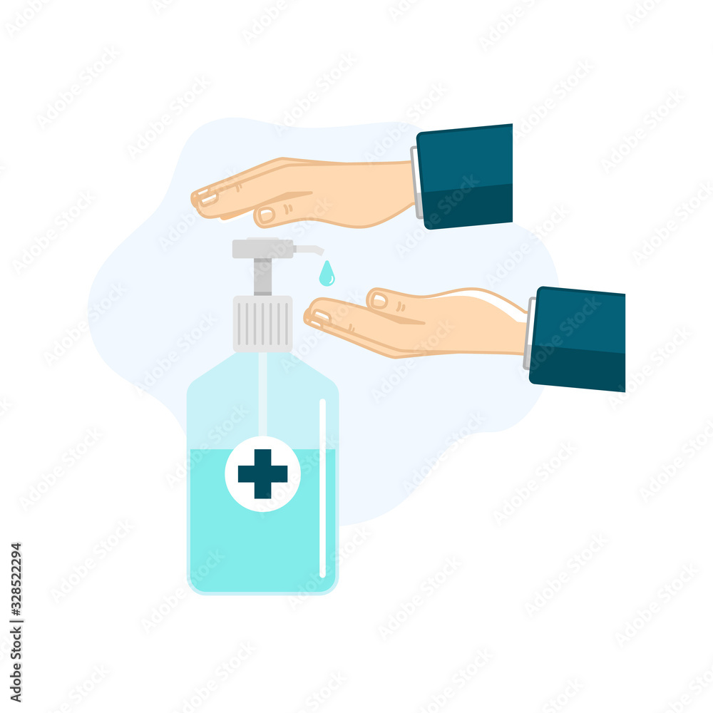 Disinfection concept. Liquid soap with pumping from bottle. Applying a moisturizing sanitizer. Man washing hands. Vector illustration flat design. Isolated on whit background. Place for text, template Disinfection concept. Liquid soap with pumping from bottle. Applying a moisturizing sanitizer. Man washing hands. Vector illustration flat design. Isolated on whit background. Place for text, template
