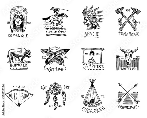 Indian badges and native american labels. Set of elements. Hand drawn engraved vintage buffalo, axes and tent, arrows and bow, skull, dreamcatcher and cherokee, tomahawk.