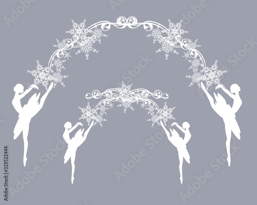 elegant ballerina girl and snowflakes arch decor - ballet dancer decorative vector silhouette