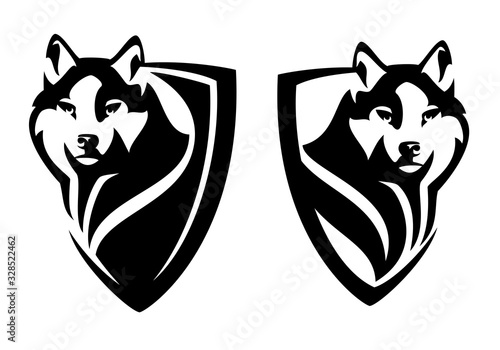 Fototapeta wild wolf watching attentively - animal head in heraldic shield for security concept black and white vector design