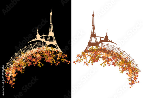 eiffel tower and Paris city skyline with bridge among autumn tree branches - fall season french capital vector design set