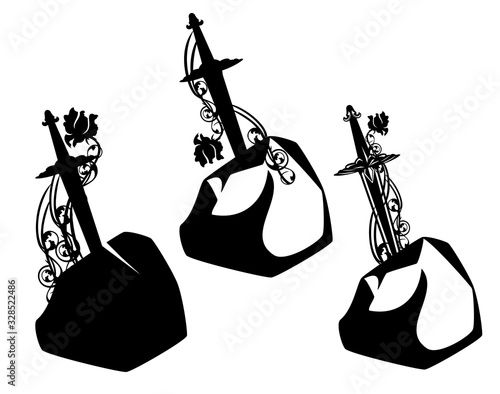 Excalibur sword in the stone entwined with rose flowers black and white vector design set
