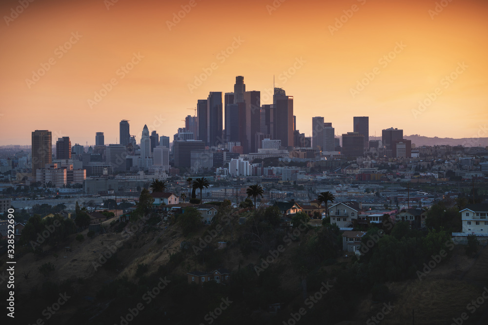 Los Angeles downtown silhouette at sunset. LAX most famous city of california. Typical view of the Los Angeles.