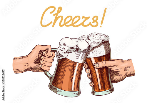 Cheers toast. Beer in hand. Vintage Alcoholic Label. American oktoberfest banner or poster. Hand drawn engraved sketch for web, invitation to party or pub menu.
