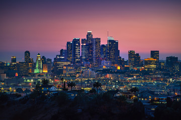 Los Angeles downtown silhouette at sunset. LAX most famous city of california. Typical view of the Los Angeles.