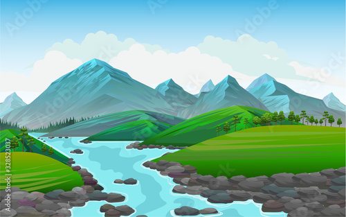 Realistic illustration of mountain landscape.