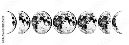 Moon phases planets in solar system. Astrology or astronomical galaxy space. Orbit or circle. Engraved hand drawn in old sketch, vintage style for label.