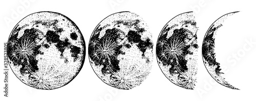 Moon phases planets in solar system. Astrology or astronomical galaxy space. Orbit or circle. Engraved hand drawn in old sketch, vintage style for label.