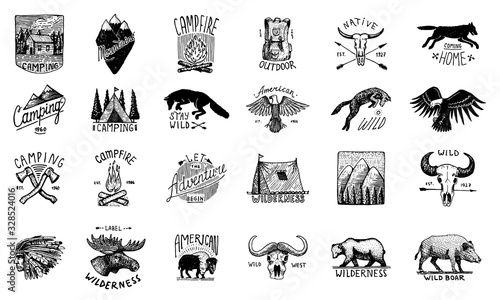 Set of camping labels or badges. Hiking or hunting emblems and outdoor adventure elements collection. Monochrome forest and alpine mountains, campfire and native american. Hand drawn engraved sketch.
