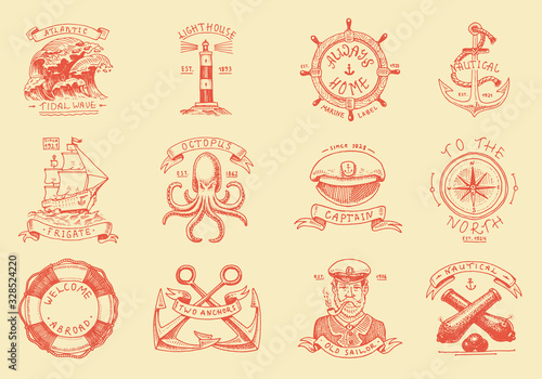 Marine and nautical emblems. Set of engraved vintage, hand drawn old sea, ocean labels or badges. Life ring, cannon ball, captain with pipe. Welcome aboard, two anchors, sailor. 