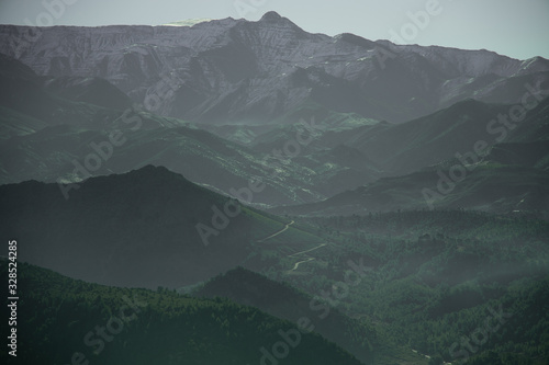 Mountain landscape with curvy road through the forest