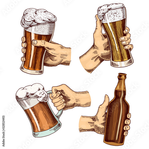 Beer glass in hand. Cheers toast. Mug or bottle of oktoberfest. Engraved in ink hand drawn in old sketch and vintage style for web, invitation to party or pub menu. Design element on white background.