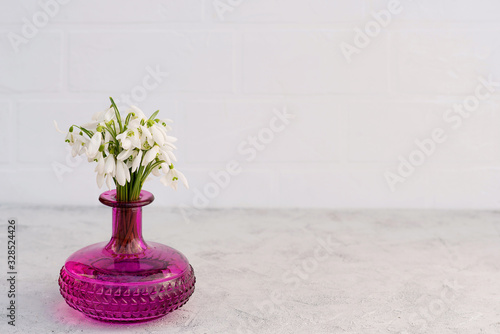 Fototapeta Naklejka Na Ścianę i Meble -  Bouquet of spring flowers of snowdrops in a glass vase of fuchsia color on a light background. Copy space for greeting card on mother's day.