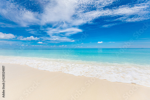 Fototapeta Naklejka Na Ścianę i Meble -  Summer beach and sea. Tropical pattern with blue sky and calm waves splashing. Exotic nature backdrop, coastline and beach