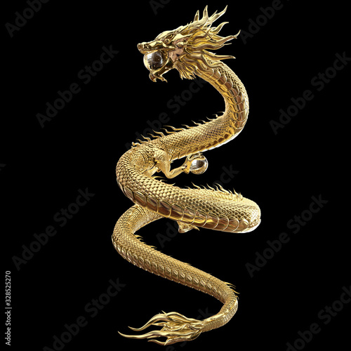 3D Rendering Full body gold dragon in smart pose with glass ball include alpha path.
