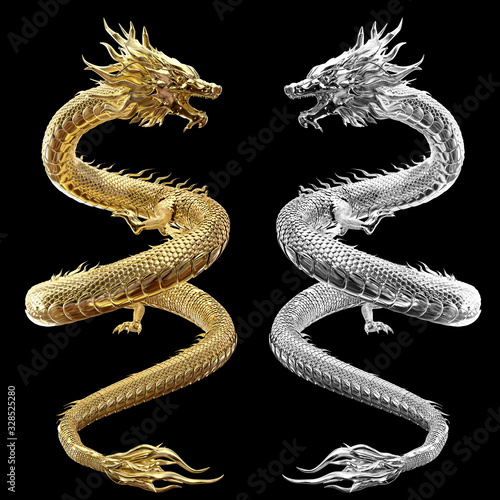 Full Twin body gold and silver dragon in smart pose with 3d rendering include alpha path.