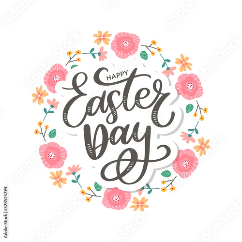 Colorful Happy Easter greeting card with flowers eggs and rabbit elements composition. EPS10 vector file organized in layers for easy editing.