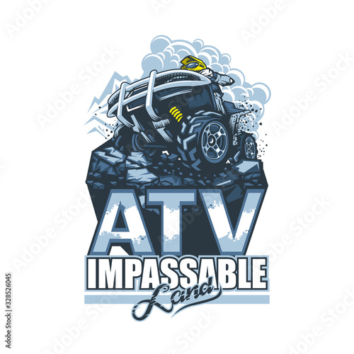 Logo with ATV and racer on top of cliff in cartoon style with beautiful inscriptions.