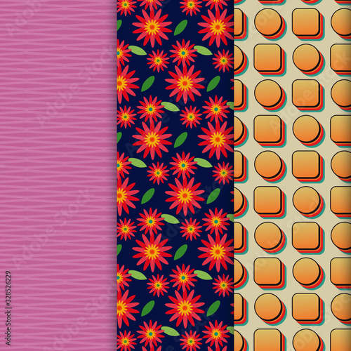 Patrón de rombos horizontales, patrón de flores, patrón efecto arcoíris.