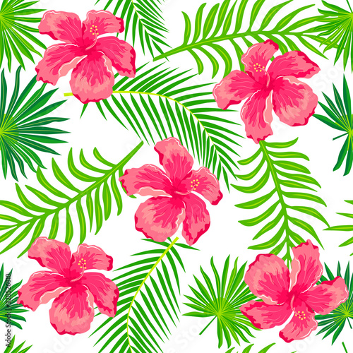 Seamless pattern with palm leaves and tropical flower hibiscus. Vector illustration. © Natalia