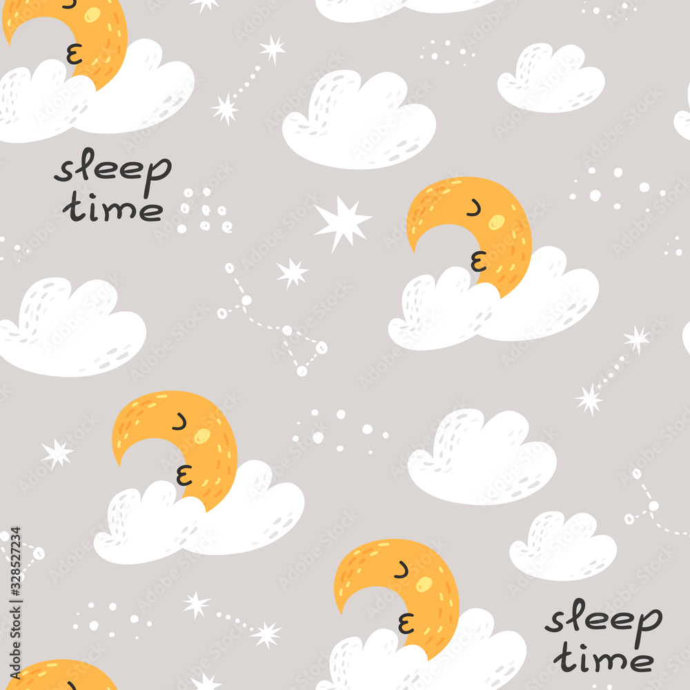Seamless pattern with cute moon, stars and clouds.