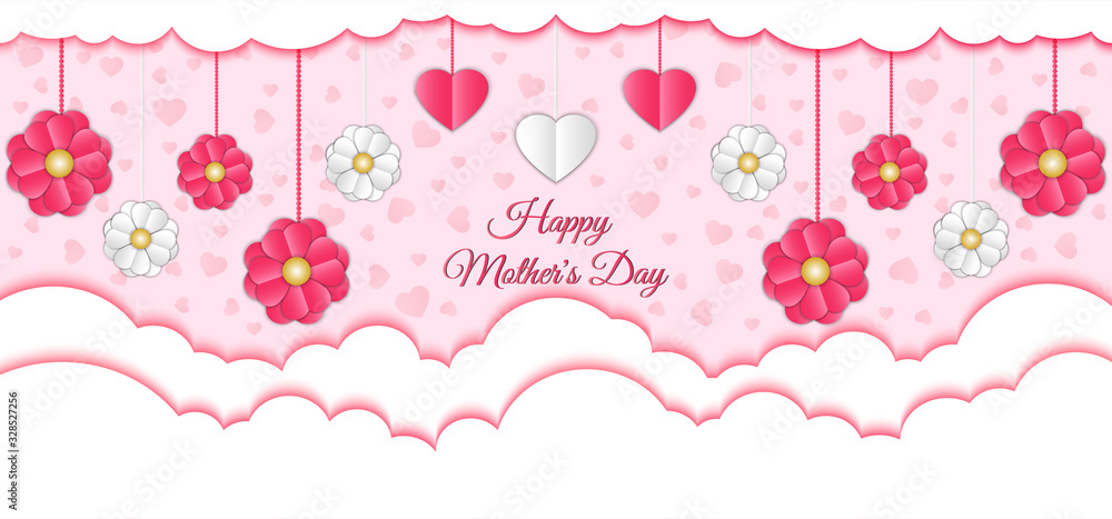 Happy Mother's Day banner, poster, postcard with paper cut pink, white hearts and flowers hanging over white clouds and text on isolated background