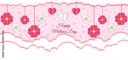 Happy Mother's Day banner, poster, postcard with paper cut pink, white hearts and flowers hanging over white clouds and text on isolated background