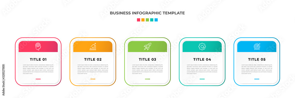 Fototapeta premium Modern Minimalist Business Infographic template square shape. 5 steps / option timeline with icons. For presentation, process, diagram, workflow, chart, web. Vector with red, blue, green, orange color