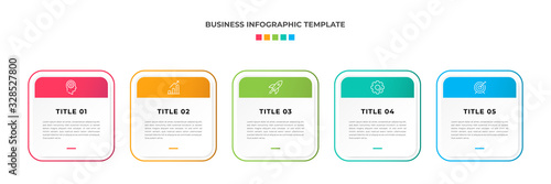 Modern Minimalist Business Infographic template square shape. 5 steps / option timeline with icons. For presentation, process, diagram, workflow, chart, web. Vector with red, blue, green, orange color