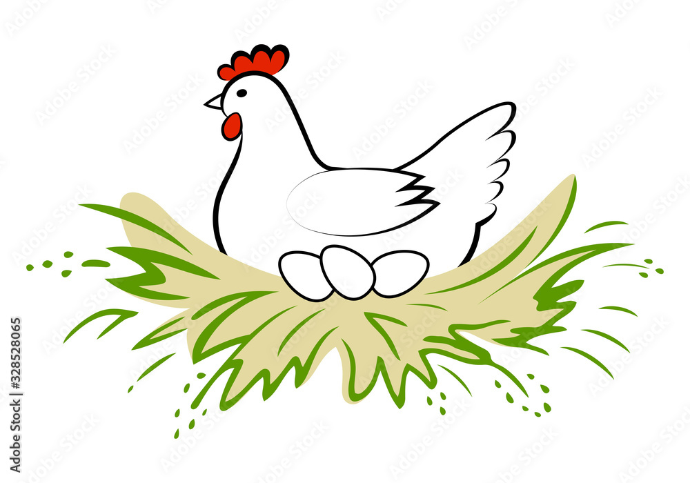 Fototapeta premium Hen incubate eggs in the nest on white background. Vector logo chicken farm. Products from chicken meat and eggs. Poultry farm.