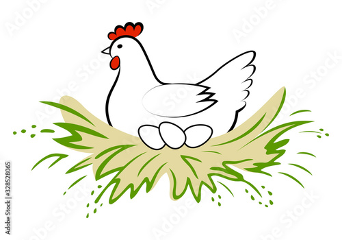 Hen incubate eggs in the nest on white background. Vector logo chicken farm. Products from chicken meat and eggs. Poultry farm.