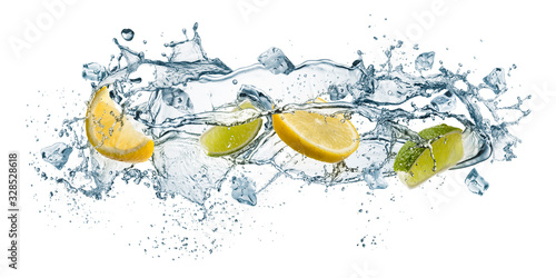 splashing of water waves with lemon slices and ice cubes, isolated on white