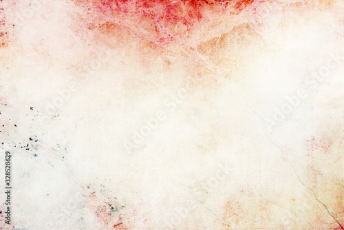 White canvas background with watercolor stains. Dirty original linen fabric graphic background in red, orange and blue color