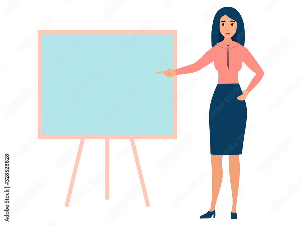 Office worker, woman with blank empty board. In minimalist style. Cartoon flat vector Office worker, woman with blank empty board. In minimalist style. Cartoon flat vector