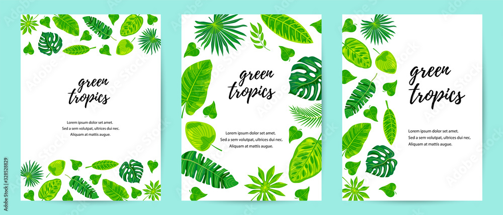 Invitations set with exotic jungle leaves. Vector illustration tropical template. Place for text. Great for flyer, invitation, ecological concept, poster, announcement. Flat style design.