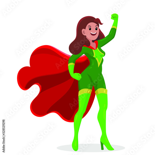 A female superhero stands in a heroic pose. Superhero in a green suit vector image.
