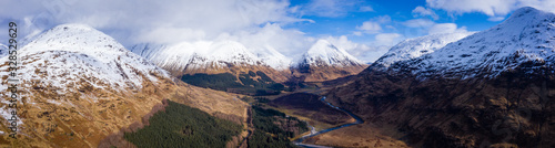 aerial drone shot of glen etive in the argyll region of the highlands of scotland showing loch etive and the entrance to glencoe