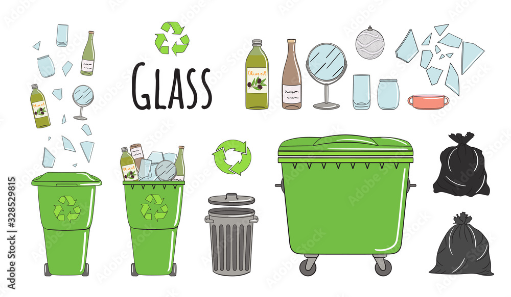 Set of garbage cans with glass garbage Set of garbage cans with glass garbage