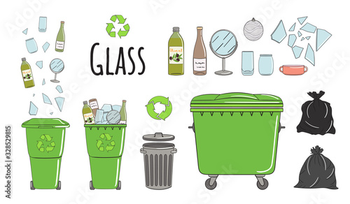 Set of garbage cans with glass garbage