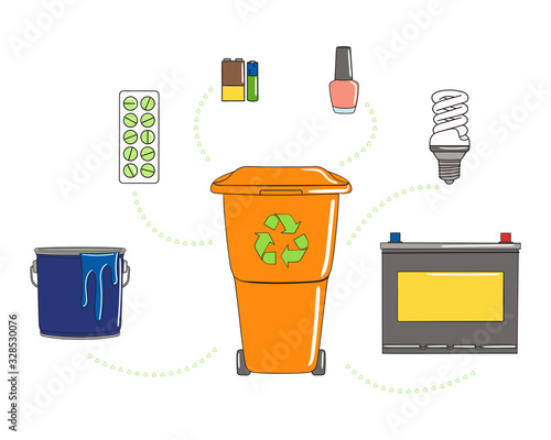 Set of special garbage with plastic can. Medicines, batteries, varnishes, paints, bulbs. Waste management. Sorting garbage. Utilization concept. Hand drawn vector illustration.