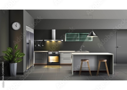 Vector modern realistic kitchen interior with utensils, oven with light, cabinets and shelves with bar stools and bar table. Illustration isolated on white background.