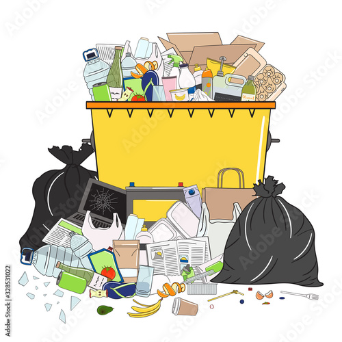 Trash can full of garbage and pile of garbage
