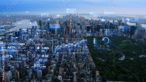 Aerial view of New York with financial charts and data. Futuristic city skyline. Big data, Artificial intelligence, Internet of things. Stock exchange figures.